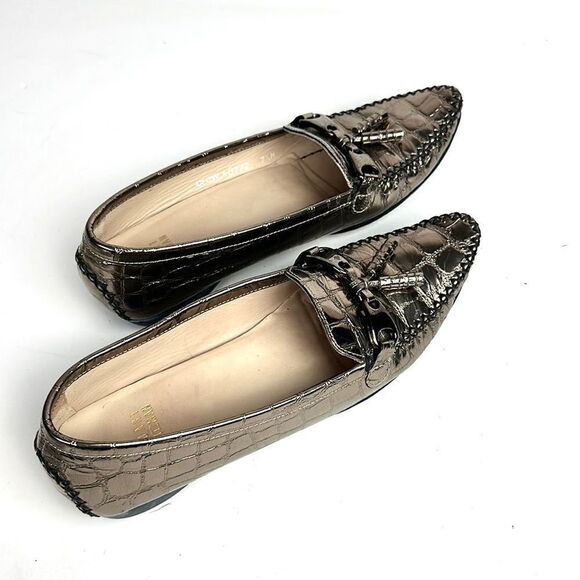 Stuart Weitzman Metallic Croc Embossed Topstitch Moccasin Loafer With Tassel 7,5 - Picture 3 of 16